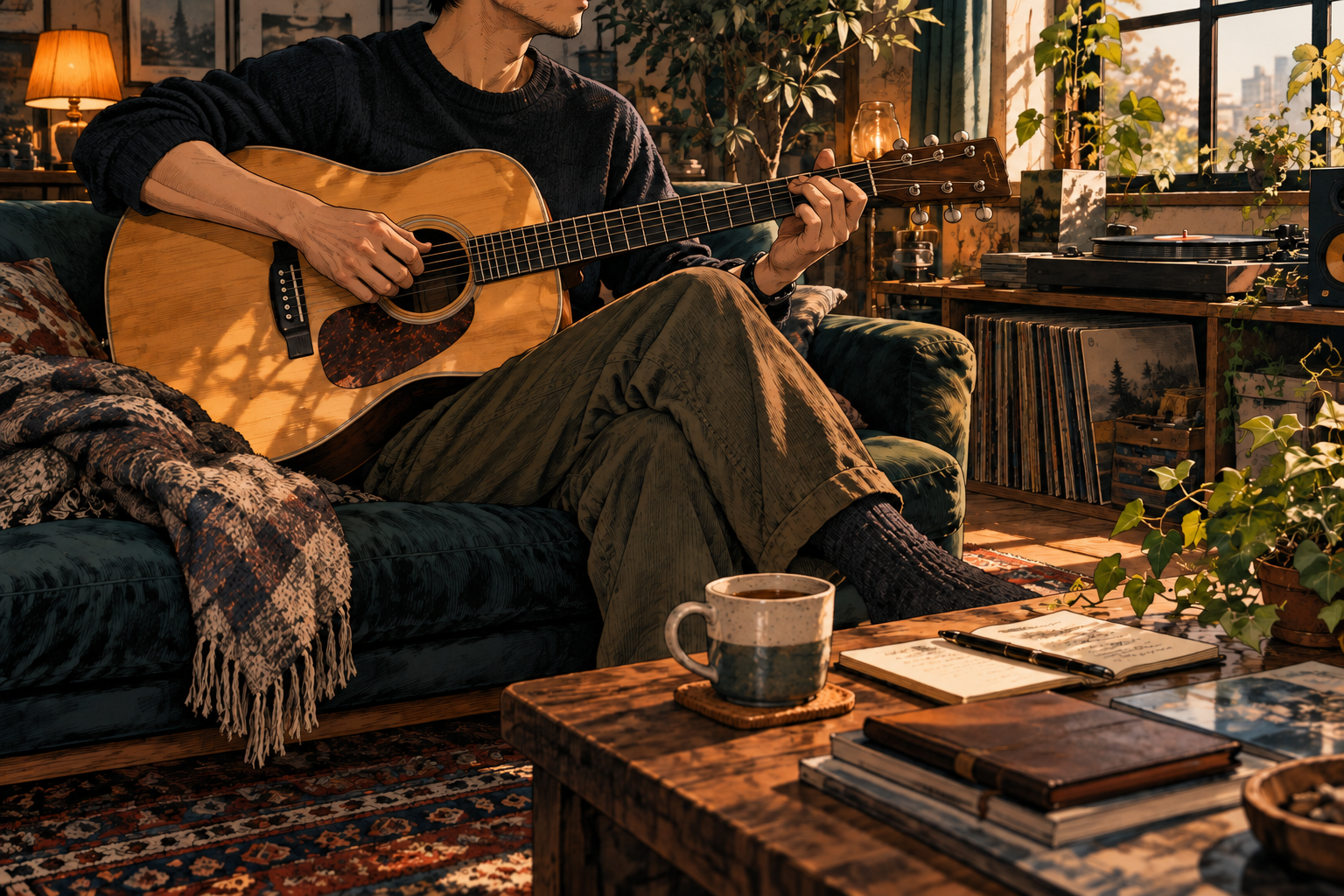 Manga-Illustration einer gemütlichen Gitarrenpause
